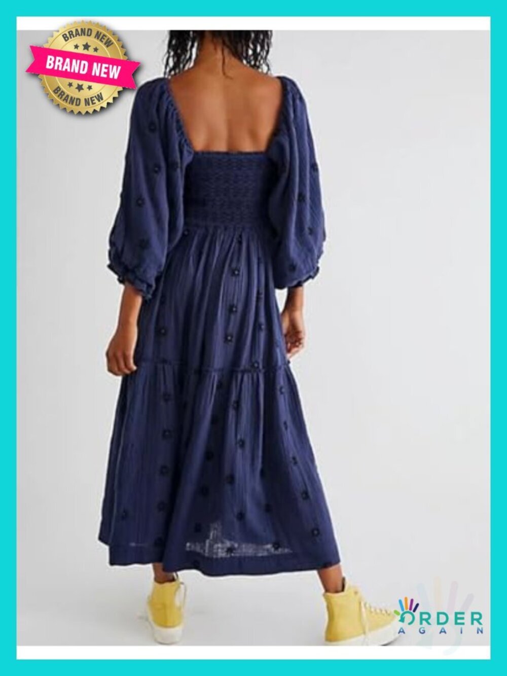 Bohemian Floral Maxi Dress Square Neck Swing A-Line Long Sleeve Pockets - Picture 2 of 2